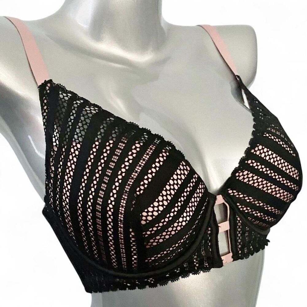 Victoria's Secret NEW Very Sexy Black striped plunge bra with Pink Satin | 34D - Picture 2 of 7